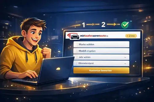 Schritt 1: Fahrzeugdaten online eingeben auf mirkaafenaerenauto.lu - kostenlos in 3 Minuten